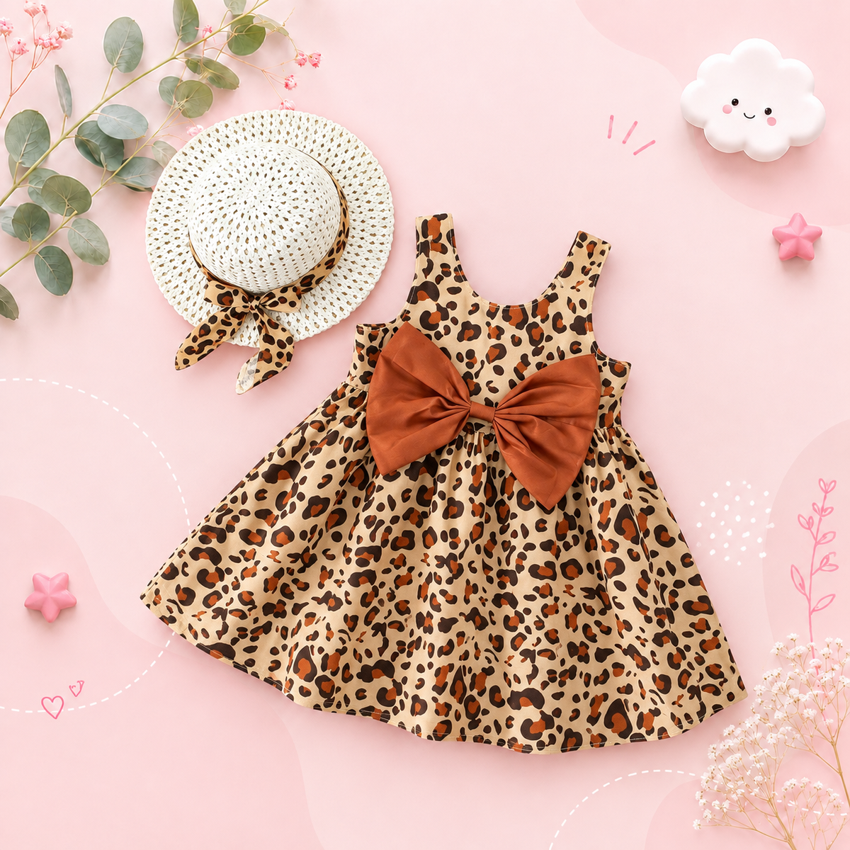 The Whitley - Baby Girl Leopard Print Suspender Dress & Hat Summer Cotton Outfit