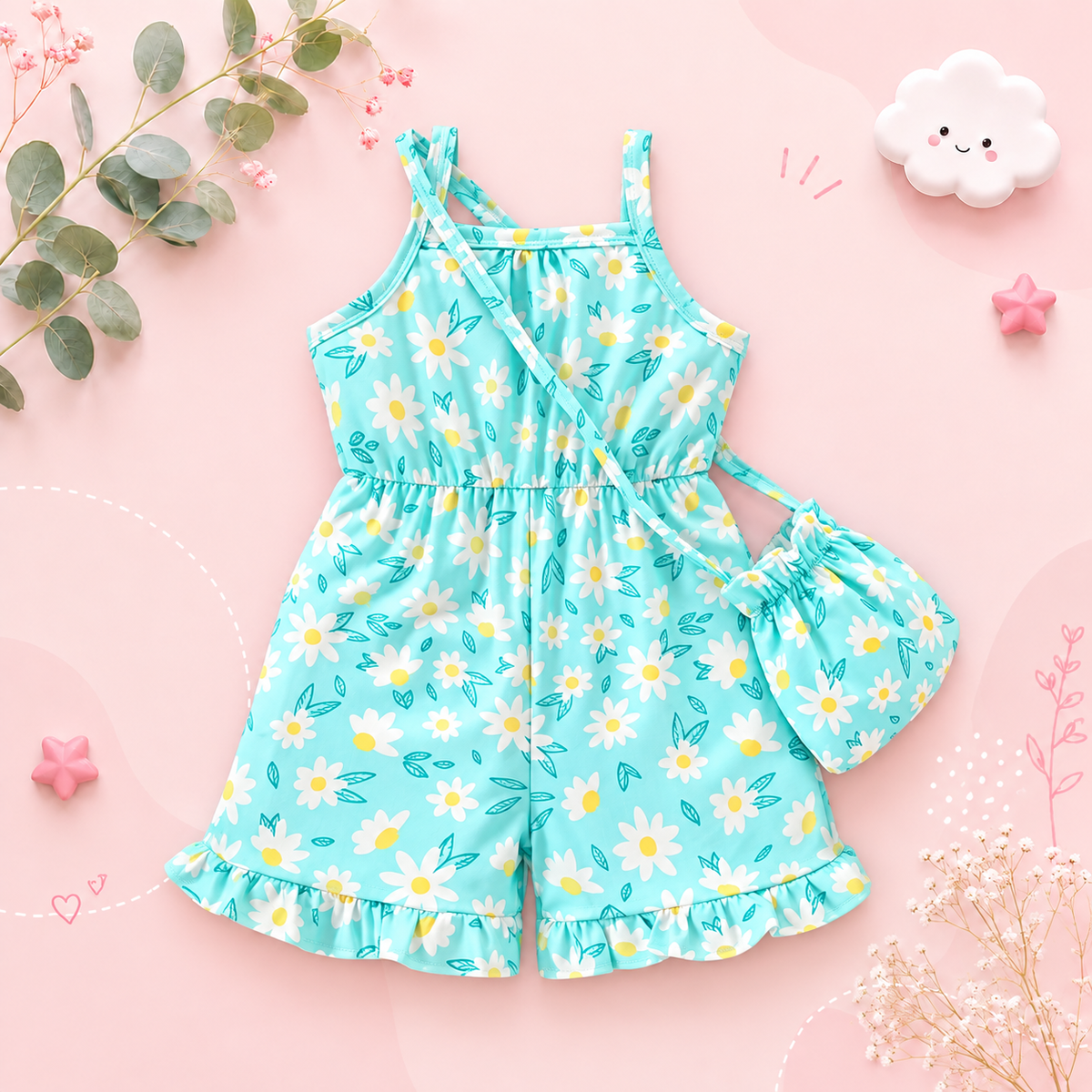 The Jenna - Baby Girl Floral Print Suspender Jumpsuit with Matching Bag Summer Outfit