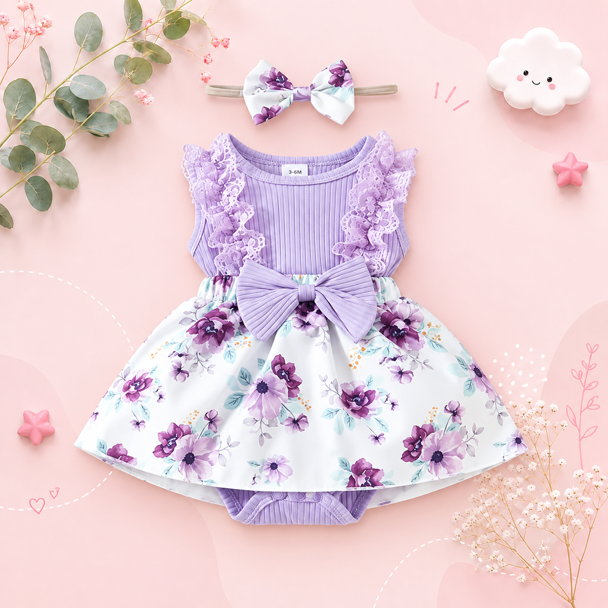 The Jessica - Baby Girl Sleeveless Lace Dress & Headband Flower Bow Summer Outfit