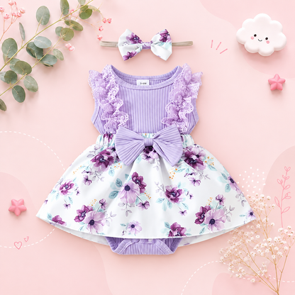 The Jessica - Baby Girl Sleeveless Lace Dress & Headband Flower Bow Summer Outfit