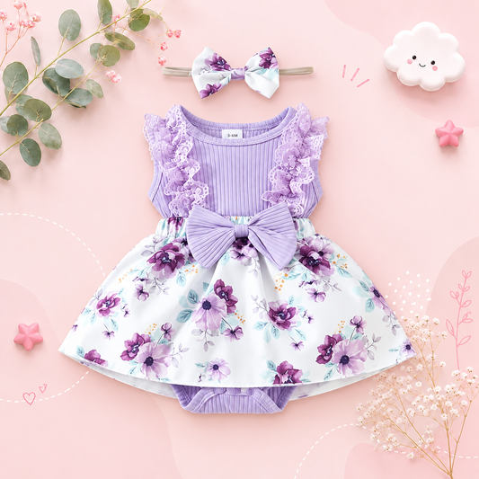 The Jessica - Baby Girl Sleeveless Lace Dress & Headband Flower Bow Summer Outfit
