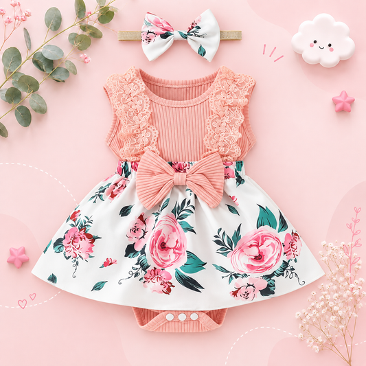 The Jessica - Baby Girl Sleeveless Lace Dress & Headband Flower Bow Summer Outfit