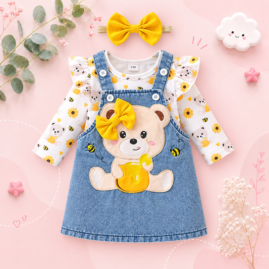 The Jolene - Baby Girl Bear Denim Overalls Sunflower Top & Headband Outfit 3PCS