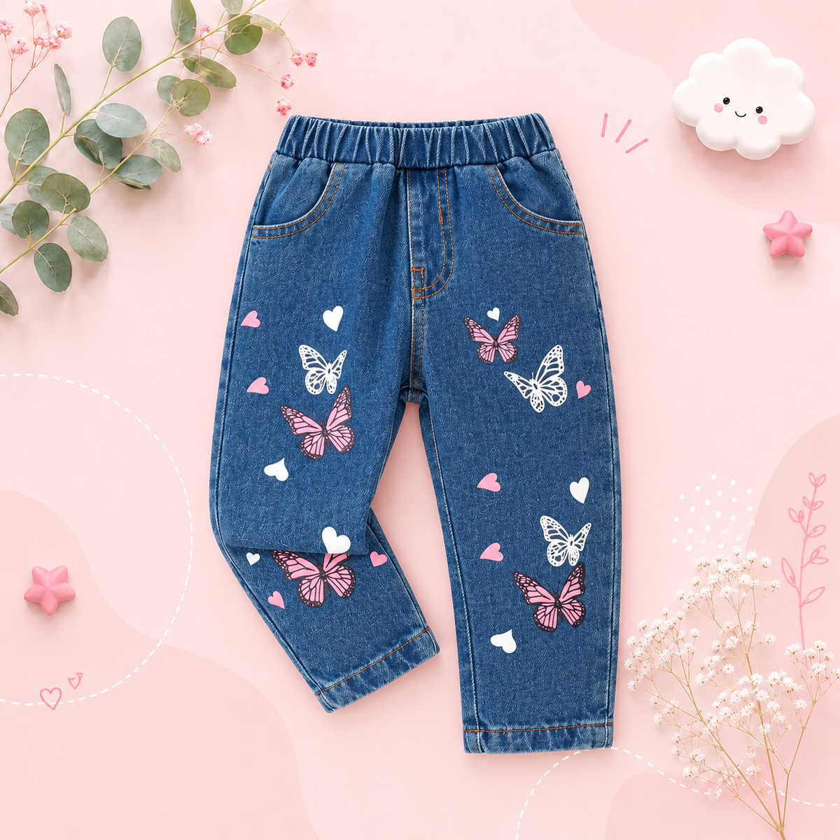The Skyler - Girls Butterfly Print Denim Jeans Casual Wear-Resistant Pants for Toddlers & Kids