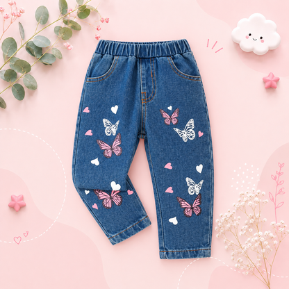 The Skyler - Girls Butterfly Print Denim Jeans Casual Wear-Resistant Pants for Toddlers & Kids