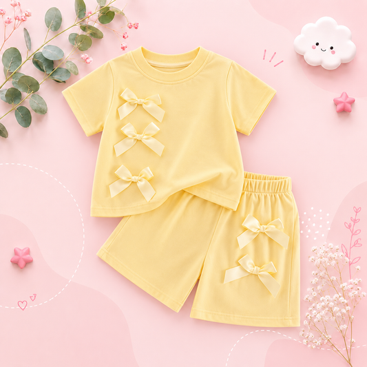 The Yaretzi - Baby Girl Bow Top & Shorts Set Summer Short Sleeve Solid Color 2PCS Beach Outfit