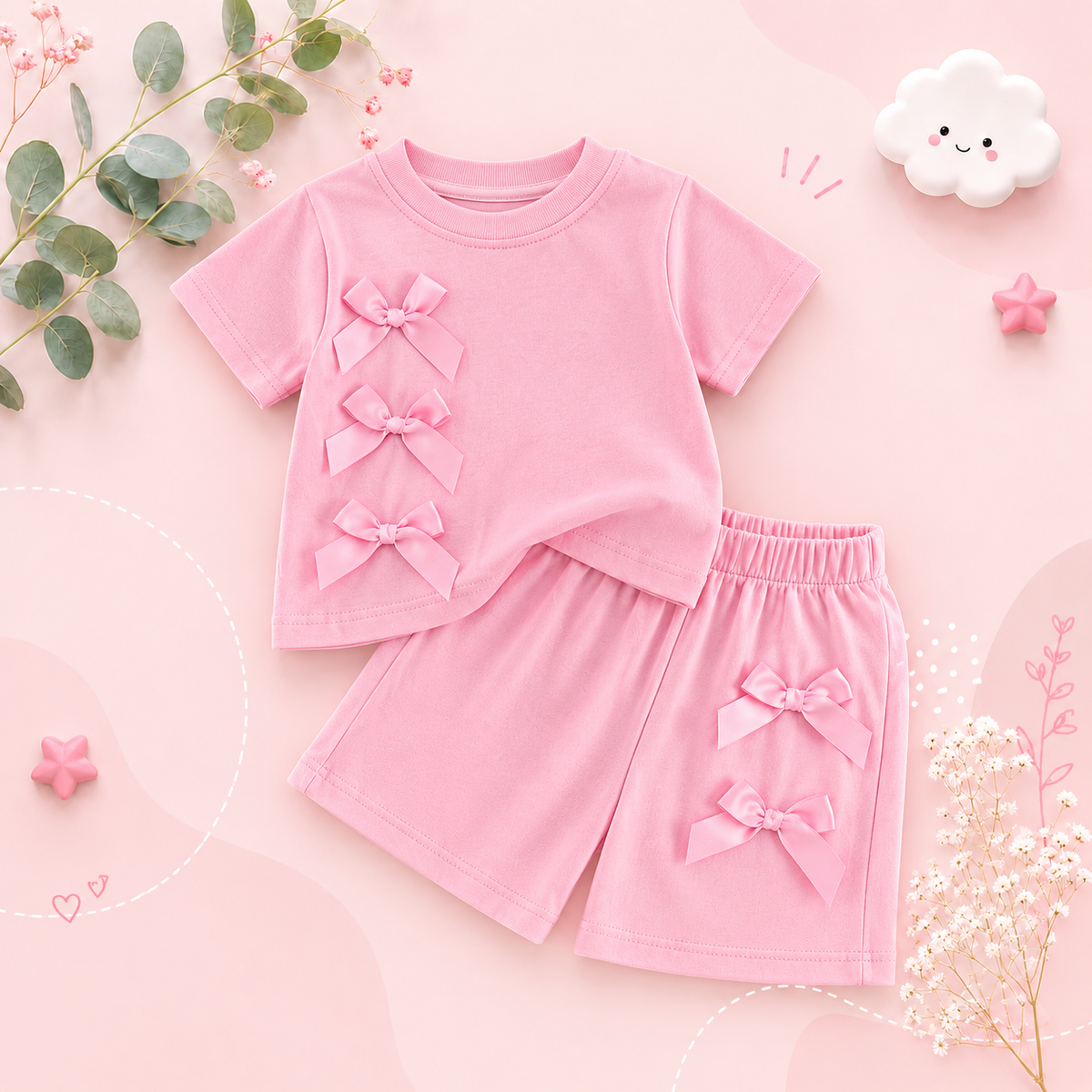 The Yaretzi - Baby Girl Bow Top & Shorts Set Summer Short Sleeve Solid Color 2PCS Beach Outfit