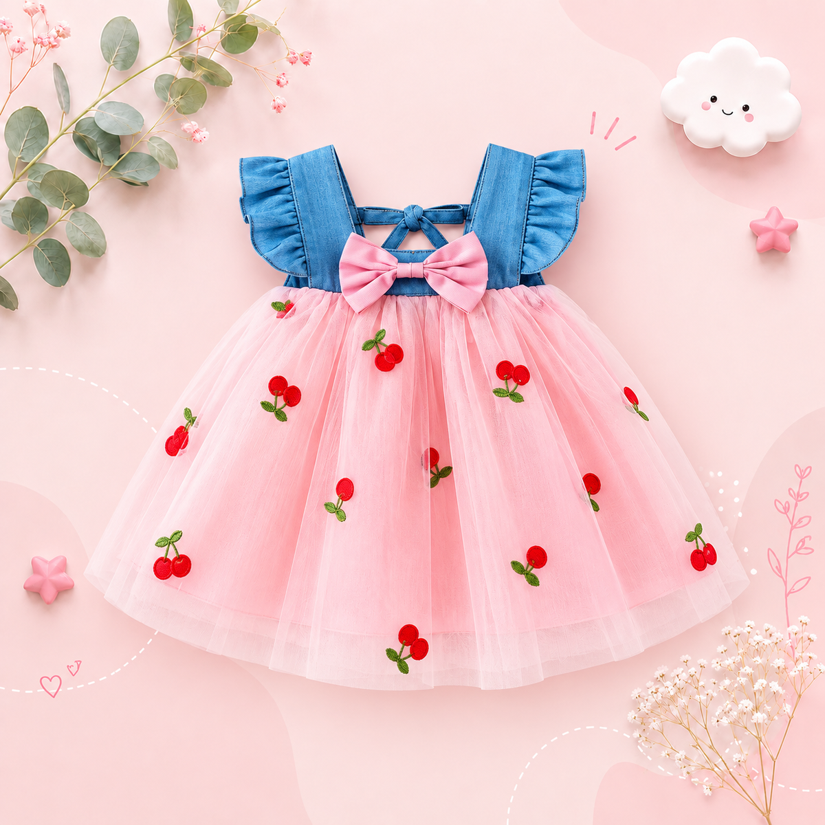 The Laney - Baby Girl Cherry Mesh Dress Cute Summer Beach Party Outfit