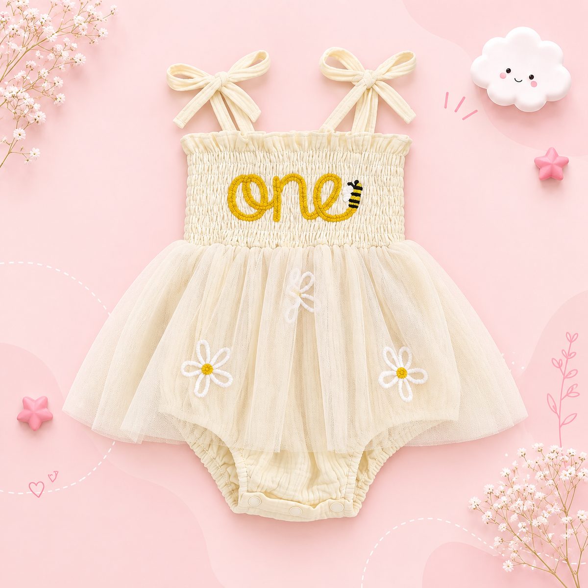 The Myra - Baby Girl Embroidered Romper Dress & Bow Headband Summer Outfit