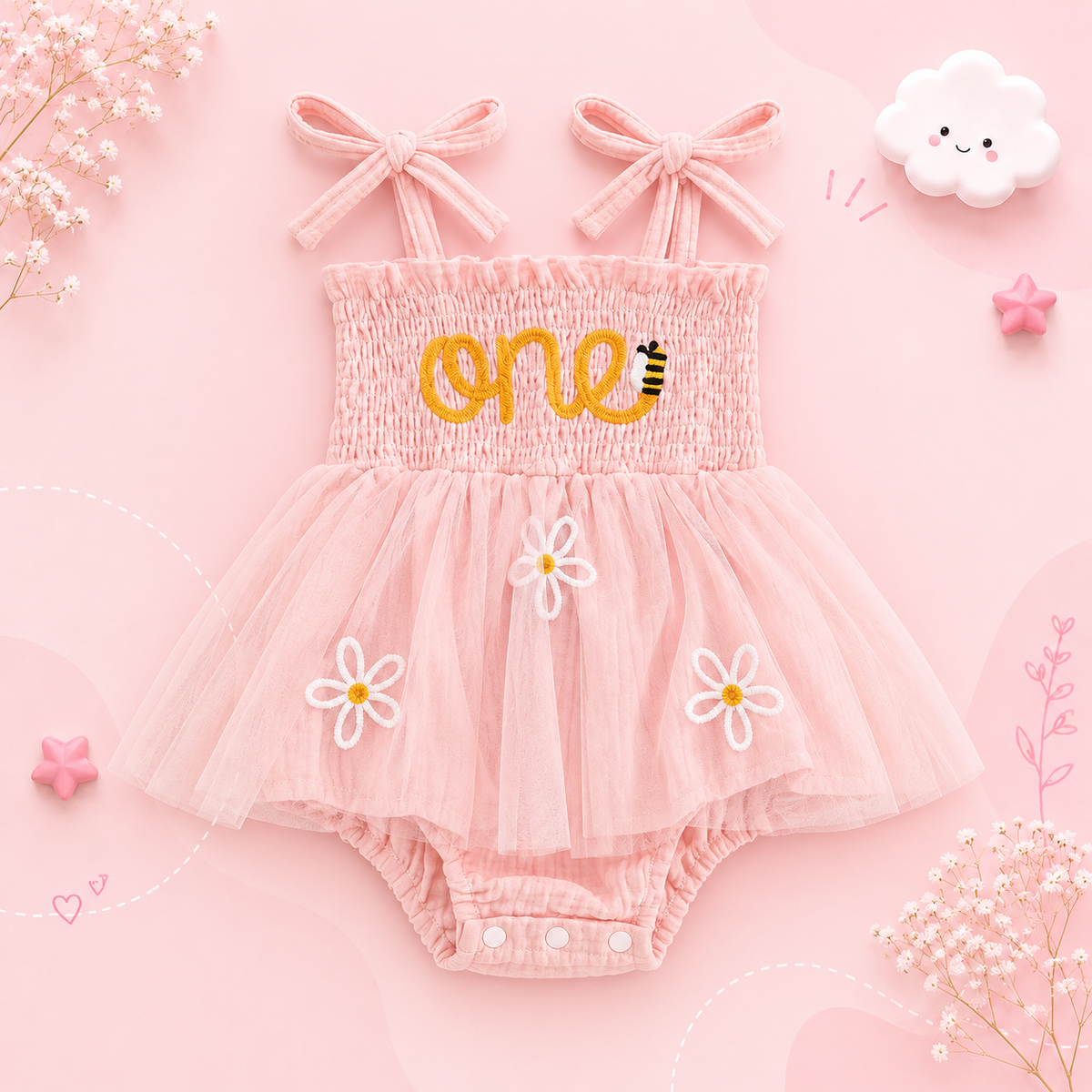 The Myra - Baby Girl Embroidered Romper Dress & Bow Headband Summer Outfit