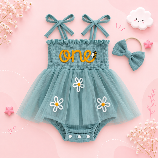 The Myra - Baby Girl Embroidered Romper Dress & Bow Headband Summer Outfit
