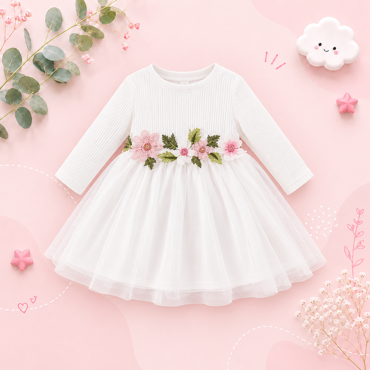 The Hana - Baby Girl Floral Mesh Princess Dress Long Sleeve Spring Autumn Party