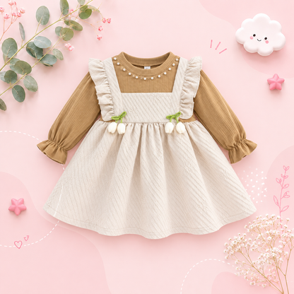 The Noor - Toddler Girl Floral Knit Dress Long Sleeve Bow Pearl Party Outfit