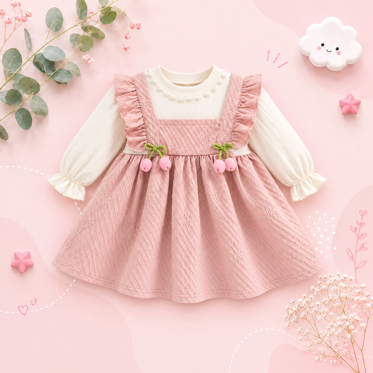 The Noor - Toddler Girl Floral Knit Dress Long Sleeve Bow Pearl Party Outfit