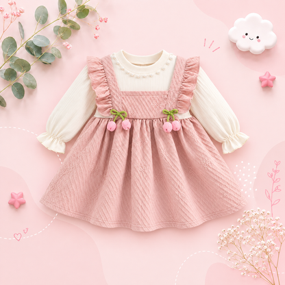The Noor - Toddler Girl Floral Knit Dress Long Sleeve Bow Pearl Party Outfit
