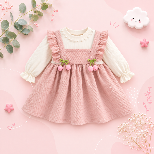 The Noor - Toddler Girl Floral Knit Dress Long Sleeve Bow Pearl Party Outfit