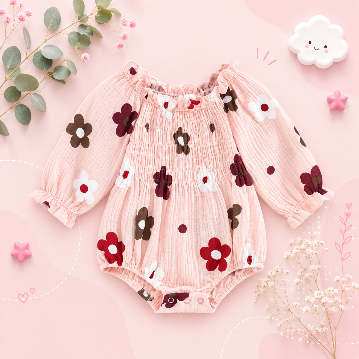 The Eileen - Baby Girl Floral Ruffle Bodysuit & Bow Headband Autumn Outfit 2PCS