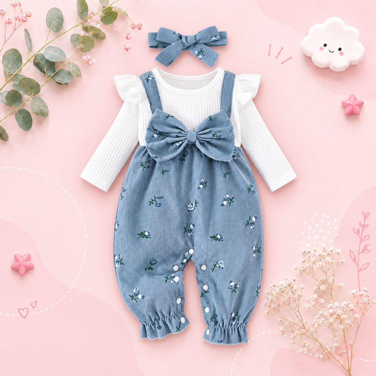 The Gloria - Baby Girl Floral Patchwork Romper & Bow Headband Autumn Outfit 2PCS