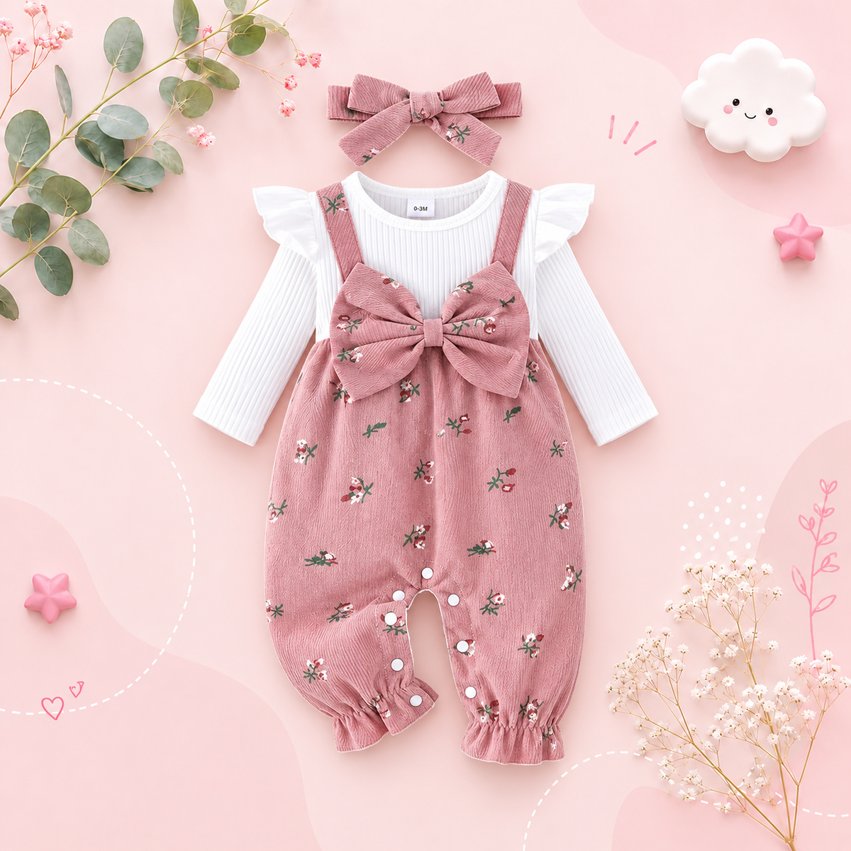 The Gloria - Baby Girl Floral Patchwork Romper & Bow Headband Autumn Outfit 2PCS