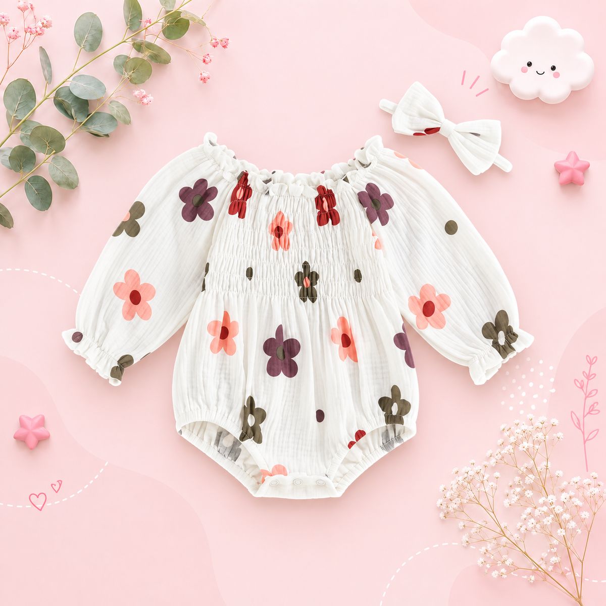 The Eileen - Baby Girl Floral Ruffle Bodysuit & Bow Headband Autumn Outfit 2PCS