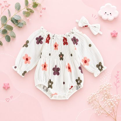 The Eileen - Baby Girl Floral Ruffle Bodysuit & Bow Headband Autumn Outfit 2PCS