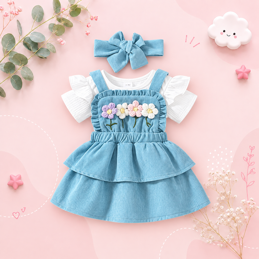 The Alara - Newborn Baby Girl Summer Romper Skirt Headband Crochet Flower Set 3PCS