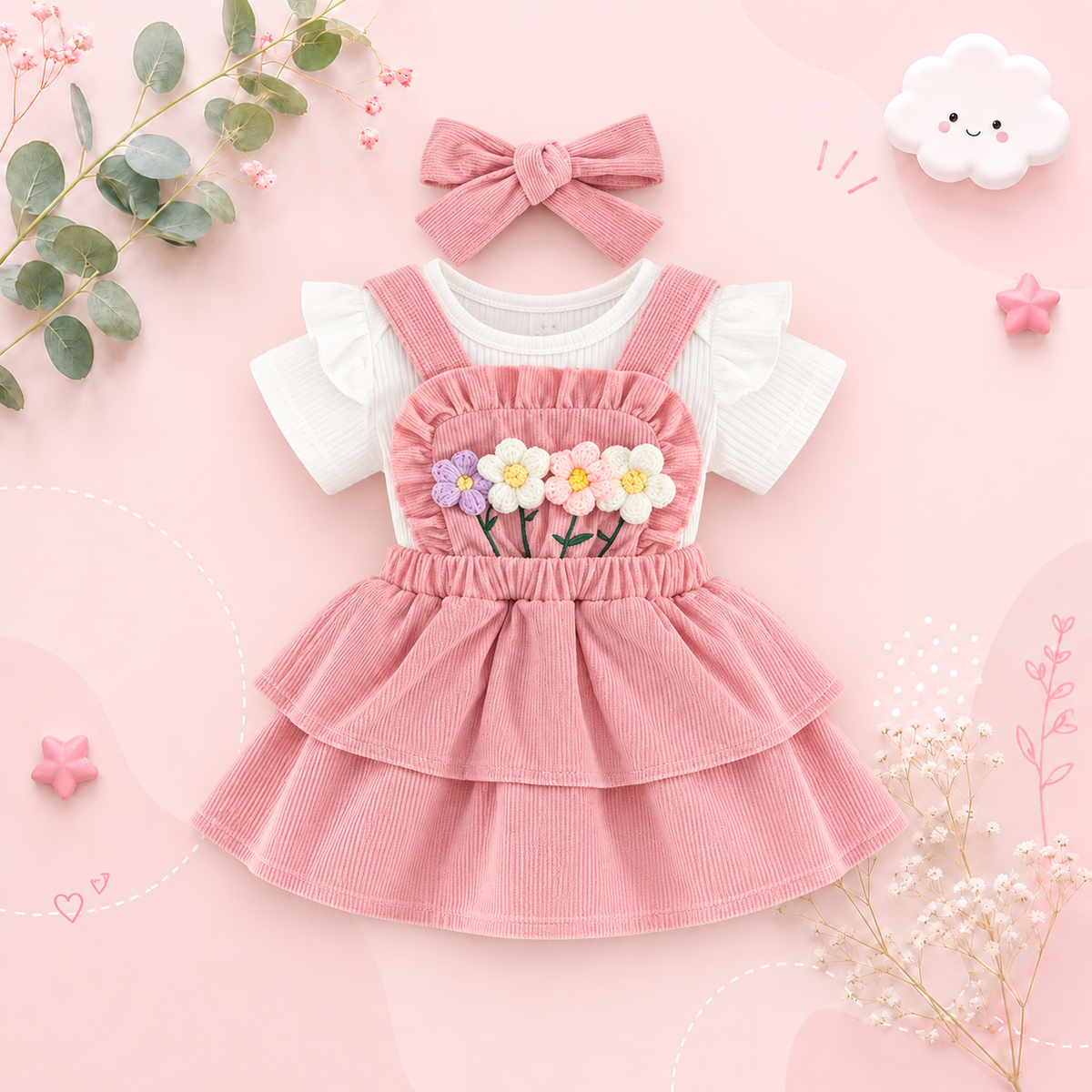 The Alara - Newborn Baby Girl Summer Romper Skirt Headband Crochet Flower Set 3PCS