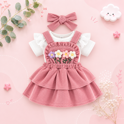 The Alara - Newborn Baby Girl Summer Romper Skirt Headband Crochet Flower Set 3PCS