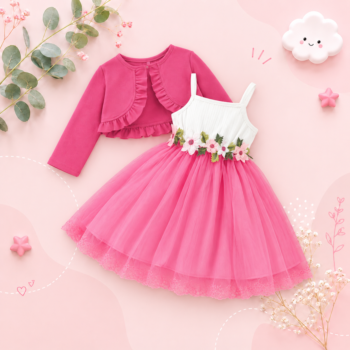 The Irene - Kids Girls Floral Embroidered Strap Dress with Knit Jacket Set