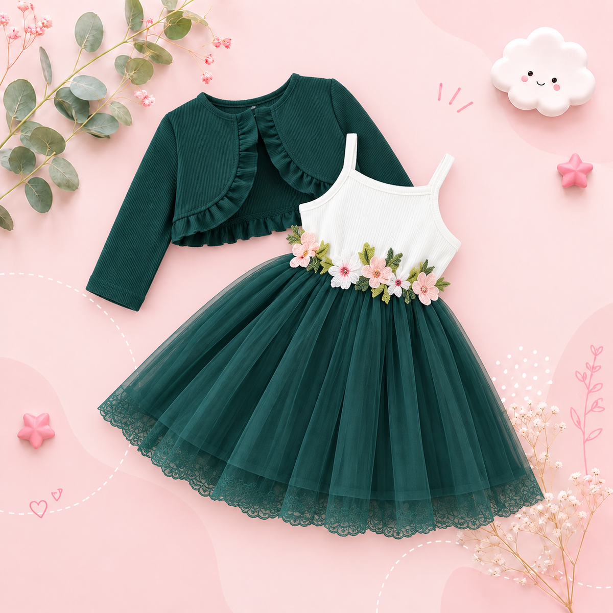 The Irene - Kids Girls Floral Embroidered Strap Dress with Knit Jacket Set