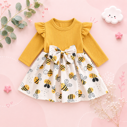 The Thalia - Baby Girl Bee Print Dress Long Sleeve Ruffle Bow Autumn Outfit