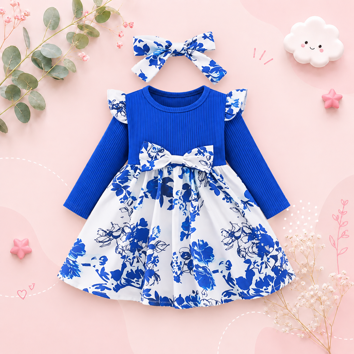 The Galilea - Baby Girl Blue Floral Dress Bow & Headband Long Sleeve Autumn Outfit