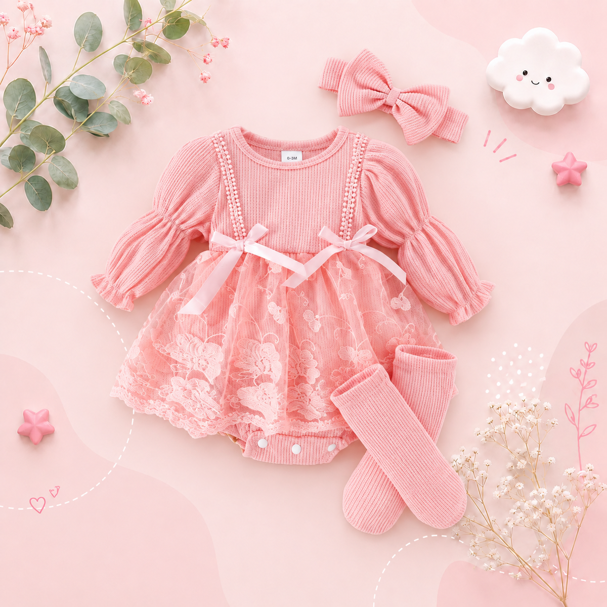 The Zariyah - Baby Girl Princess Waffle Lace Romper Dress & Socks Long Sleeve Outfit