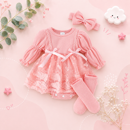 The Zariyah - Baby Girl Princess Waffle Lace Romper Dress & Socks Long Sleeve Outfit