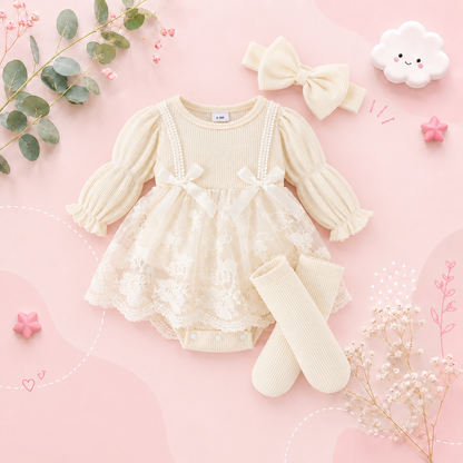The Zariyah - Baby Girl Princess Waffle Lace Romper Dress & Socks Long Sleeve Outfit