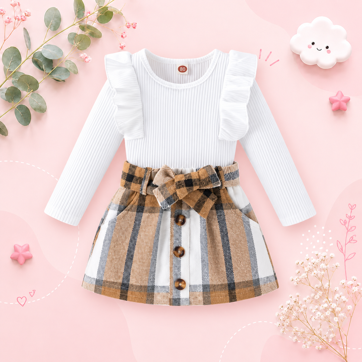 The Katie - Toddler Girl 2PCS Ribbed Knit Top & Plaid Bow Skirt Outfit Set