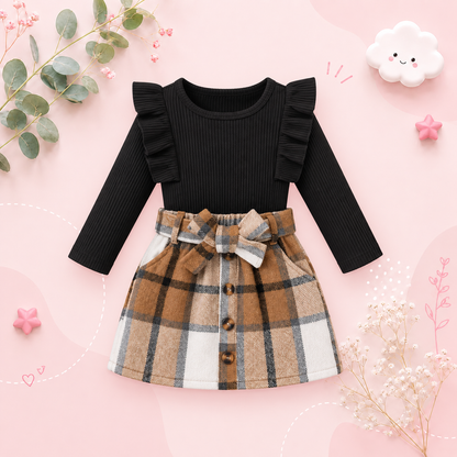 The Katie - Toddler Girl 2PCS Ribbed Knit Top & Plaid Bow Skirt Outfit Set