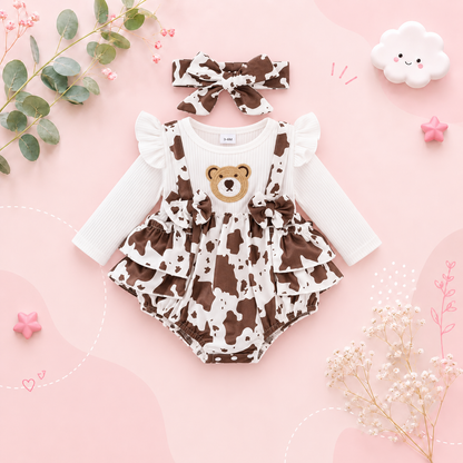 The Stephanie - Baby Girl Brown Floral Dress + Long Sleeve Bodysuit & Headband 3‑Pcs Cute Set