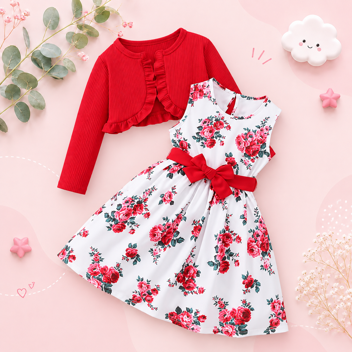 The Capri - Girls Flower Sleeveless Dress with Shawl & Belt 3‑Pcs Spring Autumn Outfit