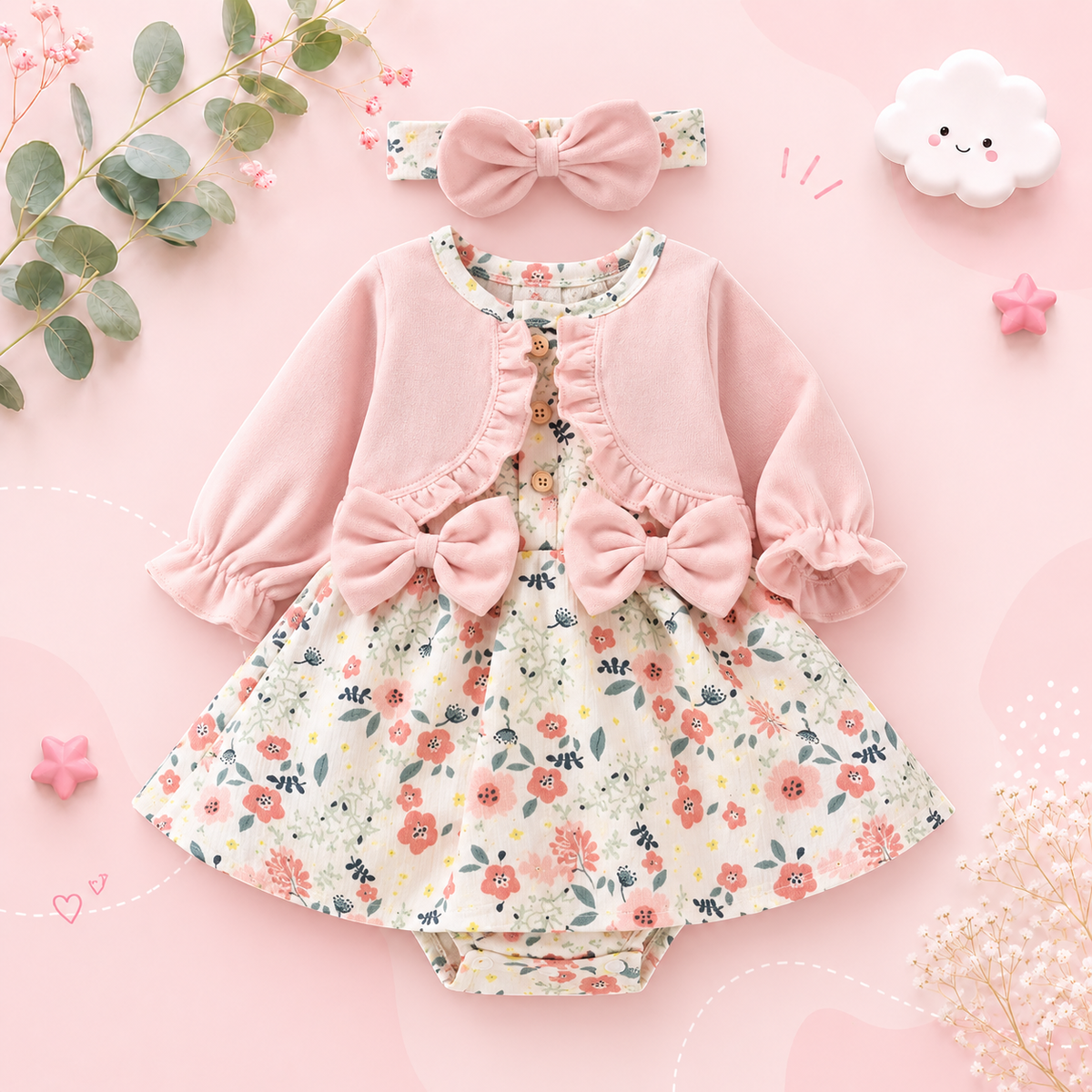 The Kyomi - Newborn Girl Floral Patchwork Romper Dress Style + Bow Headband 2Pcs Cute Outfit