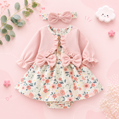 The Kyomi - Newborn Girl Floral Patchwork Romper Dress Style + Bow Headband 2Pcs Cute Outfit