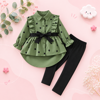 The Danielle - Girls Heart Print Shirt + Bottoms 2Pcs Clothing Set 1‑8Y Spring Autumn Wear