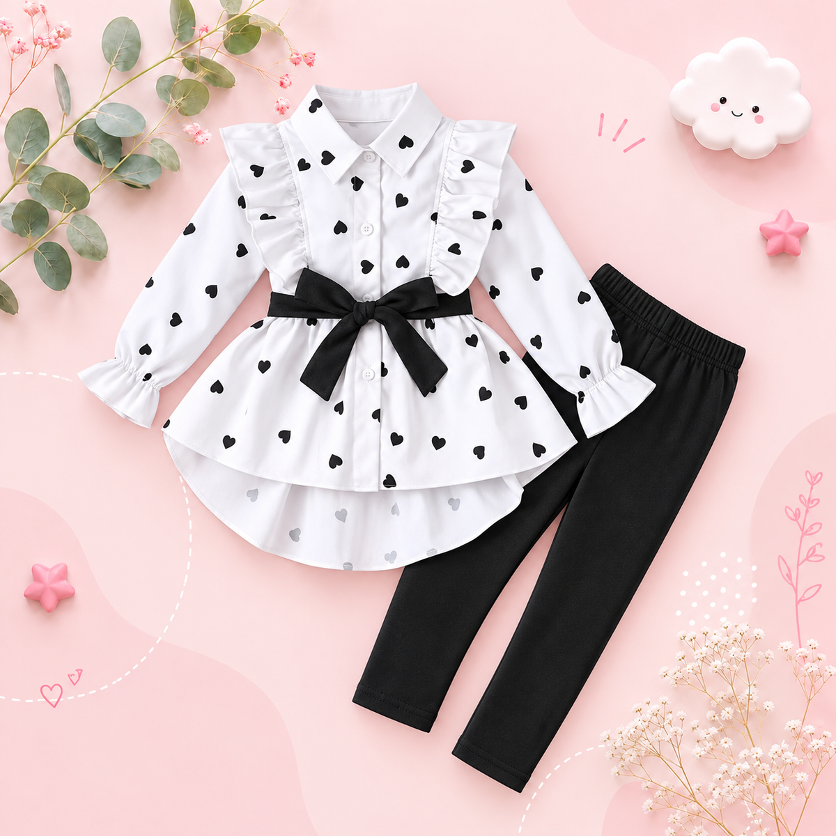 The Danielle - Girls Heart Print Shirt + Bottoms 2Pcs Clothing Set 1‑8Y Spring Autumn Wear
