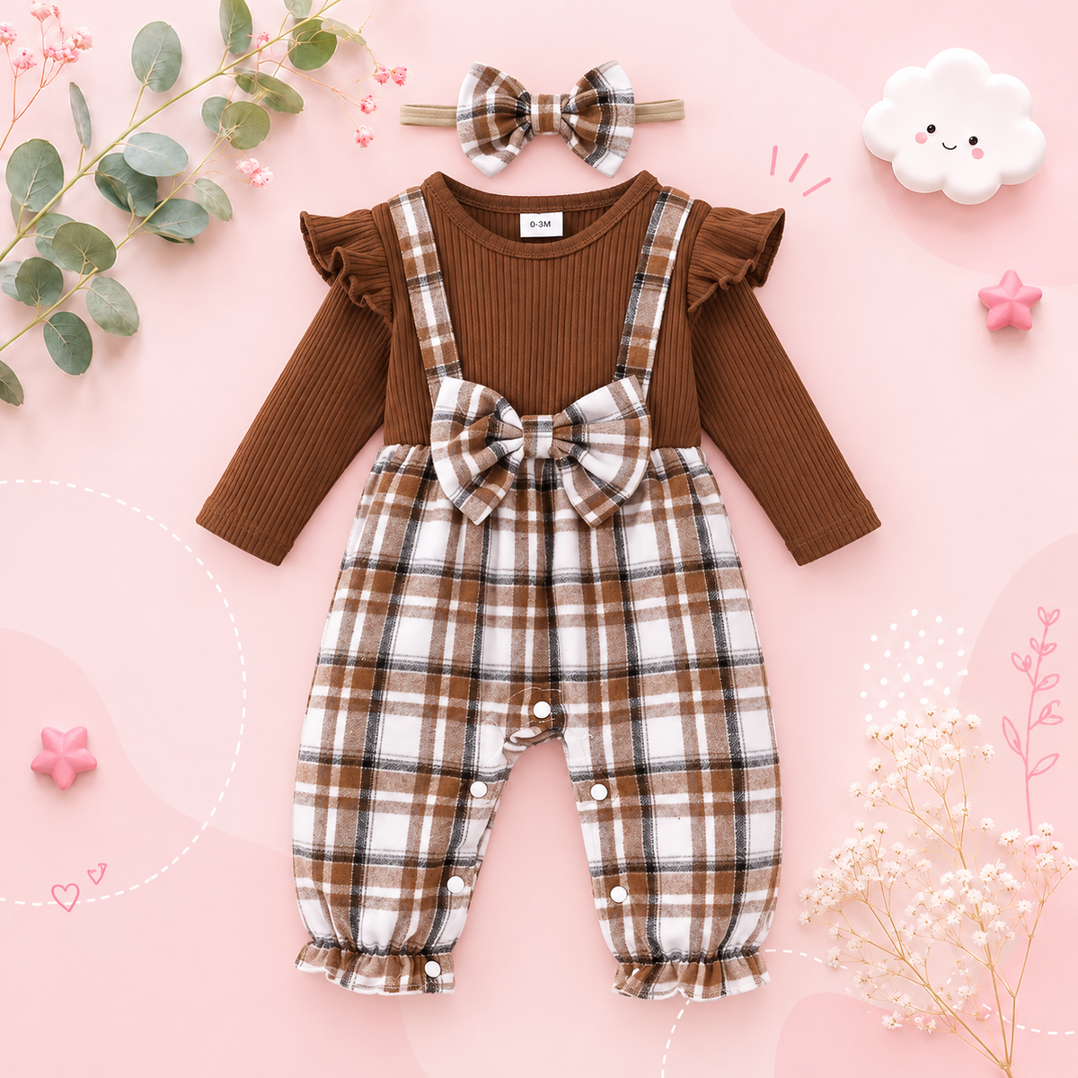 The Fernanda - Infant Baby Girl Plaid Long Sleeve Romper + Headband 2Pcs Cute Daily Outfit