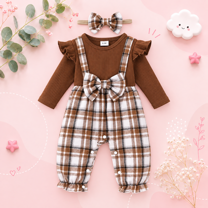 The Fernanda - Infant Baby Girl Plaid Long Sleeve Romper + Headband 2Pcs Cute Daily Outfit
