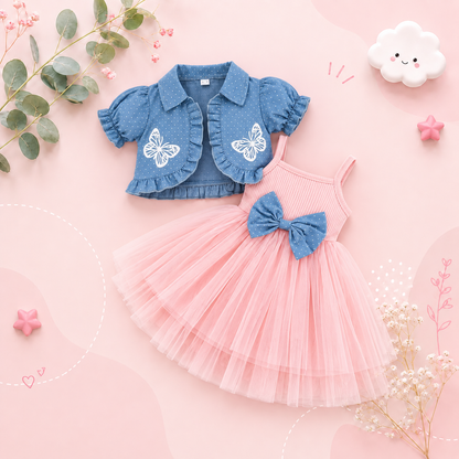 The Priscilla - 2pcs Baby Girl Denim Butterfly Coat and Mesh Princess Dress Outfit