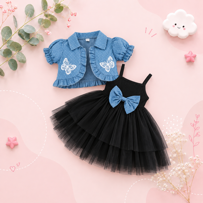 The Priscilla - 2pcs Baby Girl Denim Butterfly Coat and Mesh Princess Dress Outfit