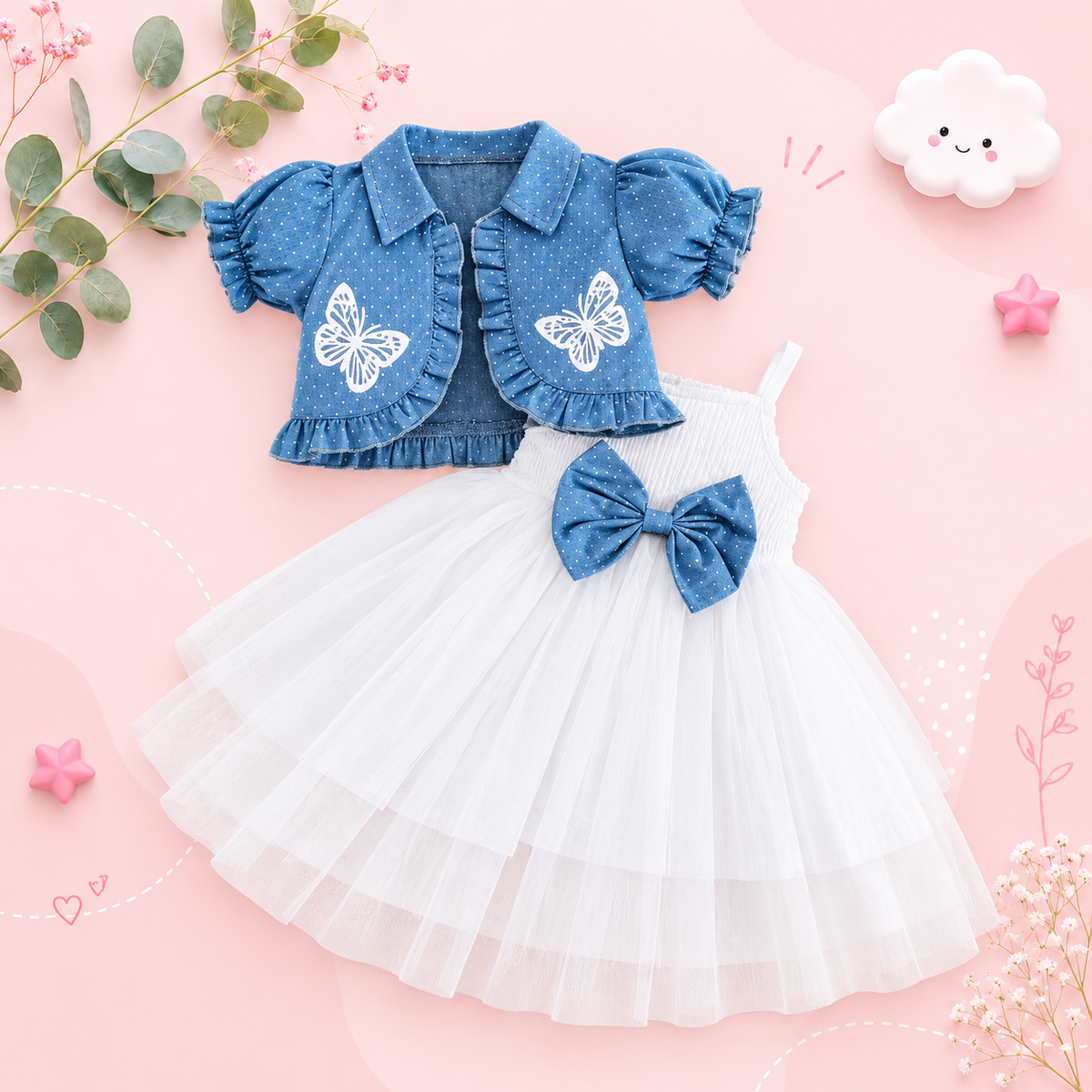 The Priscilla - 2pcs Baby Girl Denim Butterfly Coat and Mesh Princess Dress Outfit