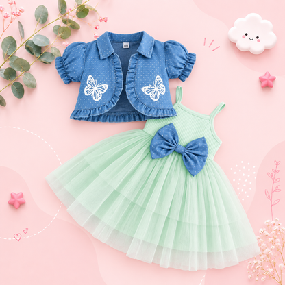 The Priscilla - 2pcs Baby Girl Denim Butterfly Coat and Mesh Princess Dress Outfit