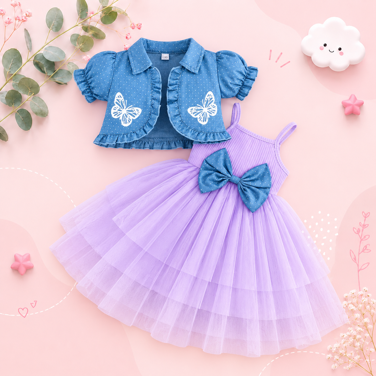 The Priscilla - 2pcs Baby Girl Denim Butterfly Coat and Mesh Princess Dress Outfit